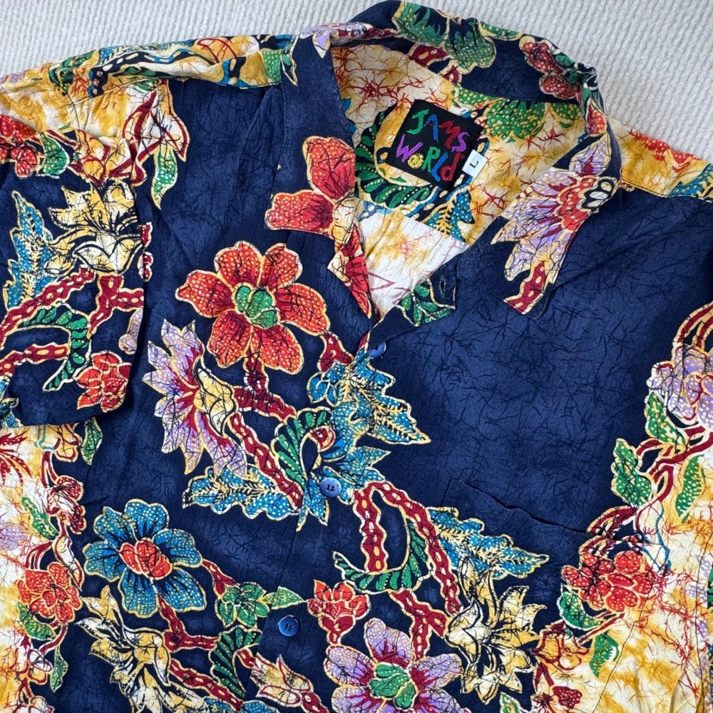 Jams World Button Down Shirt Mens Large Navy Java Floral Batik Crinkle Rayon USA
